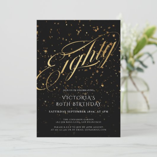 80e verjaardag '80e zwarte goudConfetti' legant Kaart (Staand voorkant)