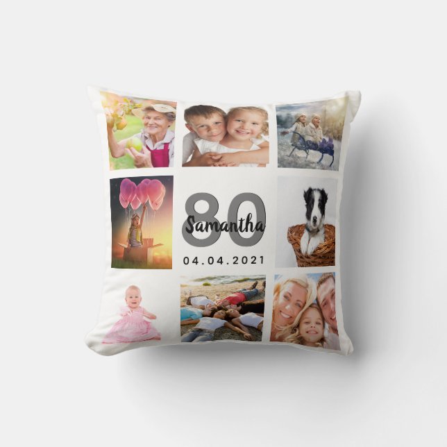 80e verjaardag aangepaste fotocollage vrouw wit kussen (Voorkant)