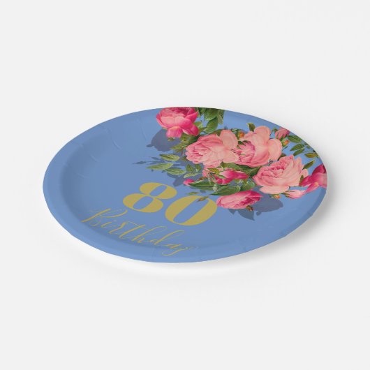 80e verjaardag Achtste blauw Roos Elegant Papieren Bordje (Gekanteld)