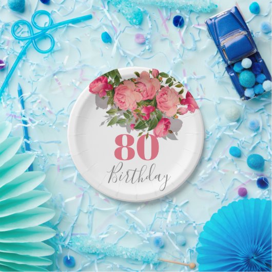 80e verjaardag Achtste roze Rose Elegant Papieren Bordje (Feest)