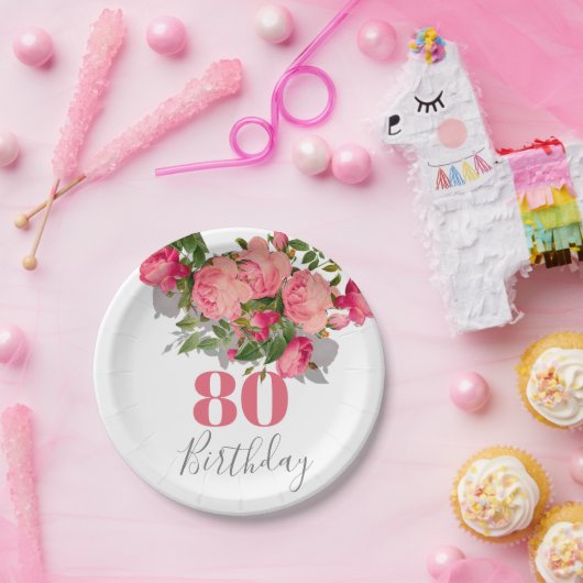 80e verjaardag Achtste roze Rose Elegant Papieren Bordje (Feest)