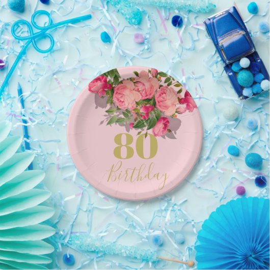 80e verjaardag Achtste roze Rose Elegant Papieren Bordje (Feest)