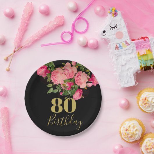 80e verjaardag Achtste zwarte goudRoos Elegant Papieren Bordje (Feest)