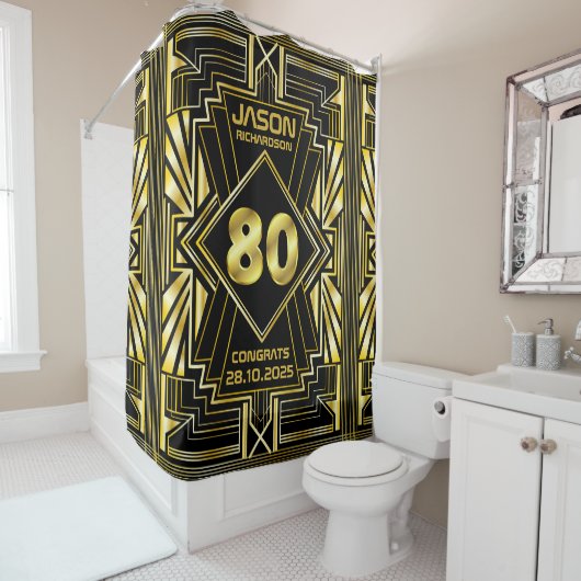 80e verjaardag Art Deco Gold Black Grote Gatsby Douchegordijn (In situ)