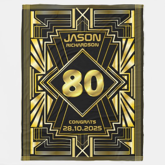 80e verjaardag Art Deco Gold Black Grote Gatsby Fleece Deken (Voorkant)