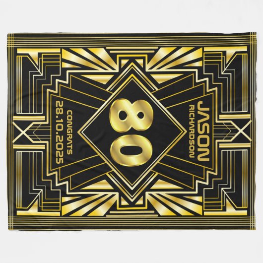 80e verjaardag Art Deco Gold Black Grote Gatsby Fleece Deken (Voorkant (Horizontaal))