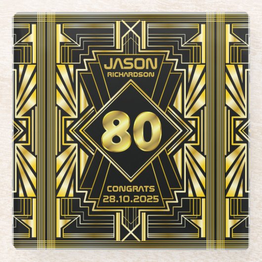 80e verjaardag Art Deco Gold Black Grote Gatsby Glazen Onderzetter (Voorkant)
