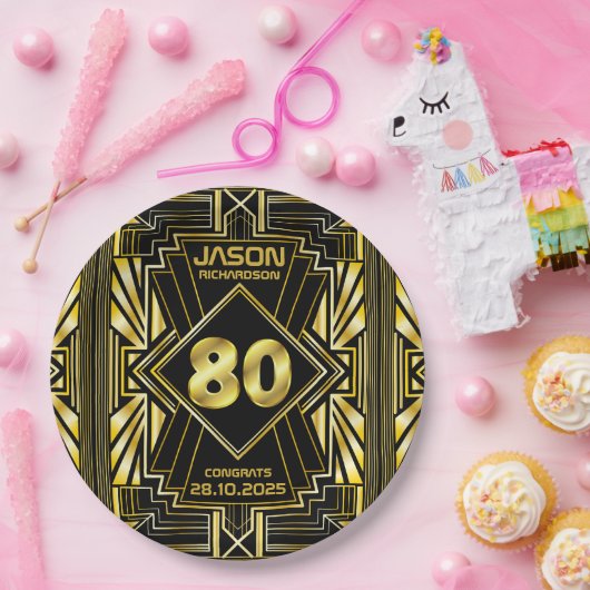 80e verjaardag Art Deco Gold Black Grote Gatsby Papieren Bordje (Feest)