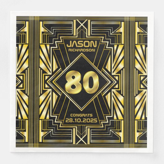 80e verjaardag Art Deco Gold Black Grote Gatsby Servet (Voorkant)