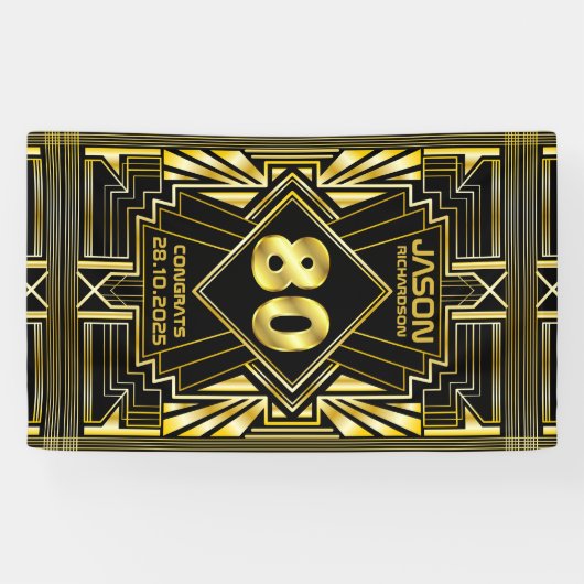 80e verjaardag Art Deco Gold Black Grote Gatsby Spandoek (Horizontaal)