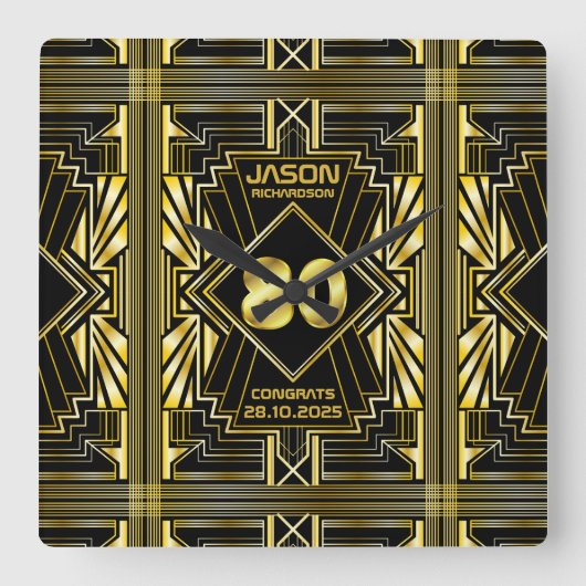 80e verjaardag Art Deco Gold Black Grote Gatsby Vierkante Klok (Voorkant)