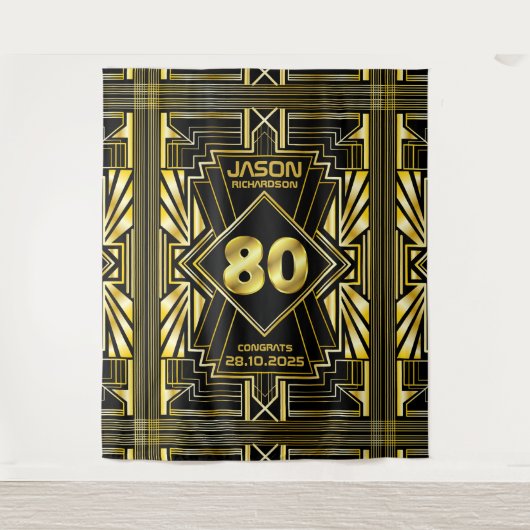 80e verjaardag Art Deco Gold Black Grote Gatsby Wandkleed (Voorkant)