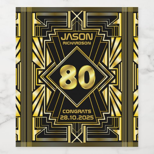 80e verjaardag Art Deco Gold Black Grote Gatsby Wijn Etiket (Enkel label)