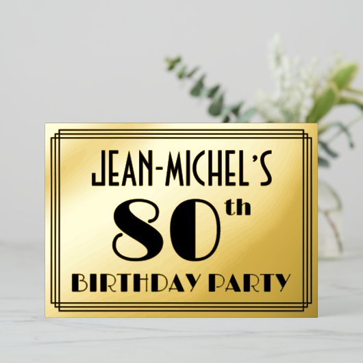 80e verjaardag — Art Deco look "80" + Naam Folie Uitnodiging (Staand Voorkant)