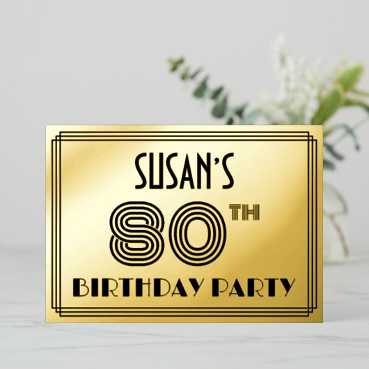 80e verjaardag — Art Deco Style "80" en naam Folie Uitnodiging (Staand Voorkant)