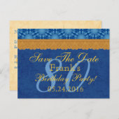 80e verjaardag Bewaar de datum Blauw en Goud kant Aankondigingskaart (Voorkant / Achterkant)