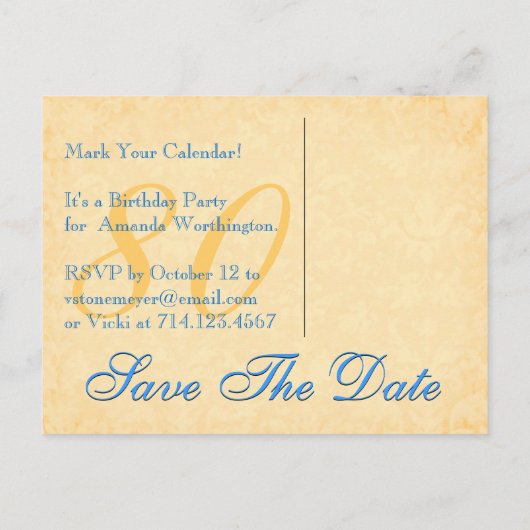 80e verjaardag Bewaar de datum Blauw en Goud kant Aankondigingskaart (Achterkant)