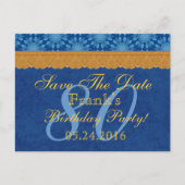 80e verjaardag Bewaar de datum Blauw en Goud kant Aankondigingskaart (Voorkant)