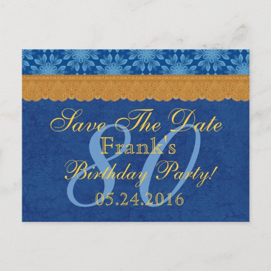 80e verjaardag Bewaar de datum Blauw en Goud kant Aankondigingskaart (Voorkant)