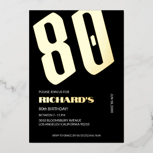 80e verjaardag Black Gold Foil uitnodigingen (Voorkant)
