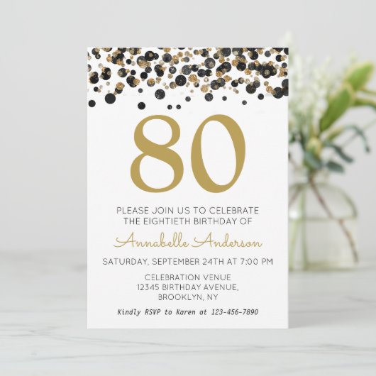 80e Verjaardag Black Gold Glitter Sparkle Confetti Kaart (Staand voorkant)