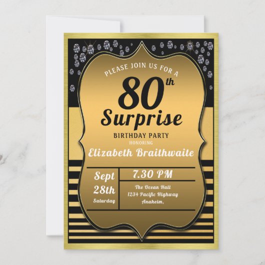 80e verjaardag Black Gold Surprise Party Kaart (Voorkant)
