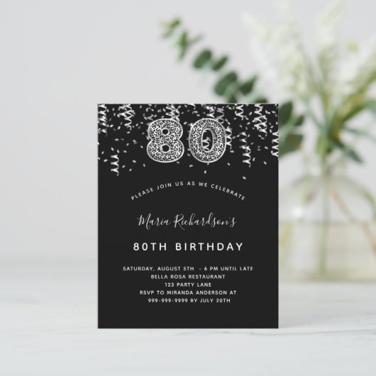 80e verjaardag Black Silver Leopard uitnodiging (Staand voorkant)
