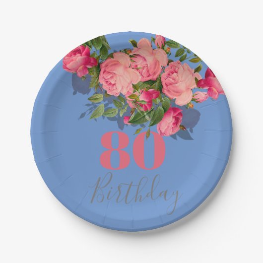 80e verjaardag Blauw Elegant roze Rose Eightieth Papieren Bordje (Voorkant)