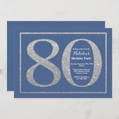 80e verjaardag blauw en zilver glitter kaart (Voorkant / Achterkant)