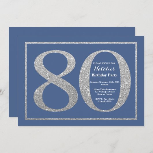 80e verjaardag blauw en zilver glitter kaart (Voorkant / Achterkant)