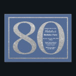 80e verjaardag blauw en zilver glitter kaart<br><div class="desc">80e verjaardag uitnodiging. Blauw en Zilver Glitter Verjaardagsfeest Uitnodigen met Blauwe Achtergrond. Verrassingsverjaardag. Verjaardag voor volwassenen. Mannen of Vrouwen Bday Bash Party. Voor verdere aanpassing klikt u op de knop "Aanpassen" en gebruikt u onze ontwerptool om deze sjabloon te wijzigen.</div>
