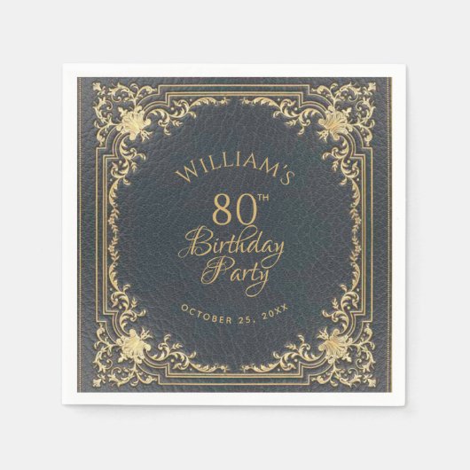 80e verjaardag blauw goud  Elegant Script Servet (Voorkant)