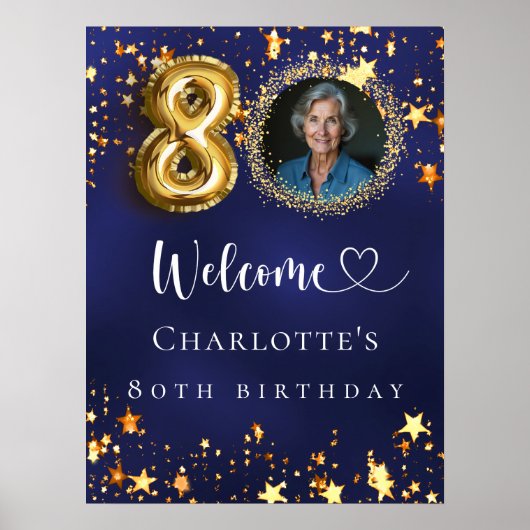 80e Verjaardag blauw goud sterren foto welkom Poster (Voorkant)