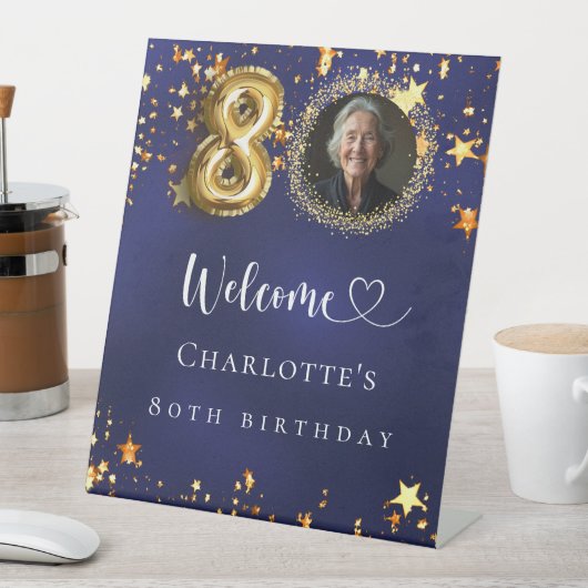 80e Verjaardag blauw goud sterren foto welkom Reclamebord Met Voetstuk (Insitu)
