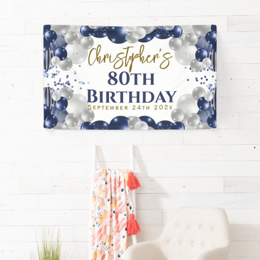80e verjaardag blauwe ballonnen feest welkom spandoek (Insitu)