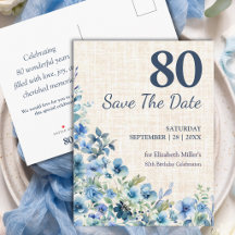 80e verjaardag Blauwe Botanische Linnen Save the D