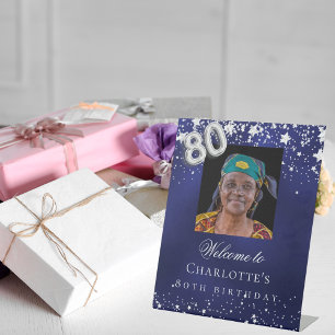 80e verjaardag blauwe zilveren sterren foto welkom reclamebord met voetstuk
