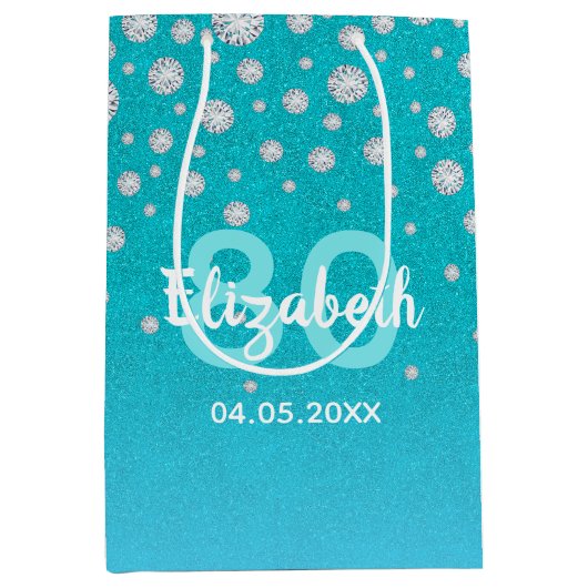80e verjaardag blauwgroen blauwe groene glitter na medium cadeauzakje (Voorkant)