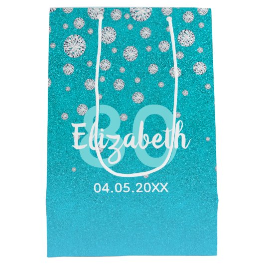 80e verjaardag blauwgroen blauwe groene glitter na medium cadeauzakje (Achterkant)
