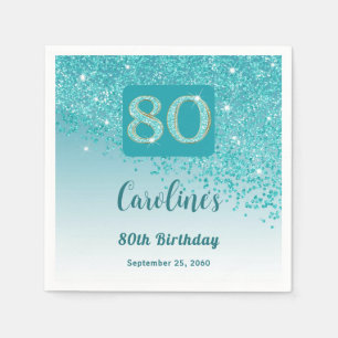 80e Verjaardag  Blauwgroen Blue Glitter servetten