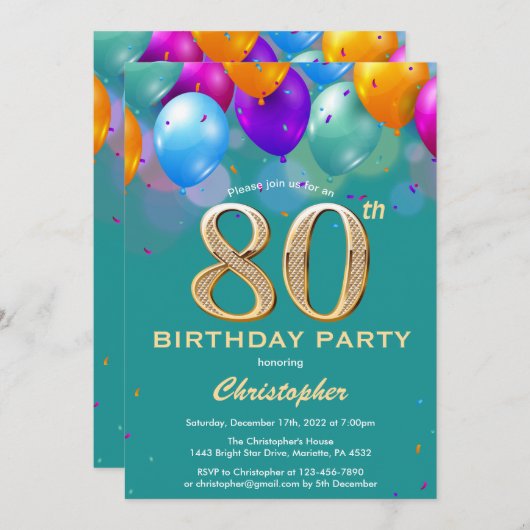 80e verjaardag Blauwgroen en goudkleurige ballonne Kaart (Voorkant / Achterkant)