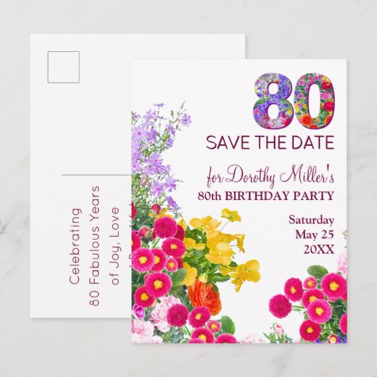 80e verjaardag Bloemen Modern 80 Aankondigingskaart (Voorkant / Achterkant)