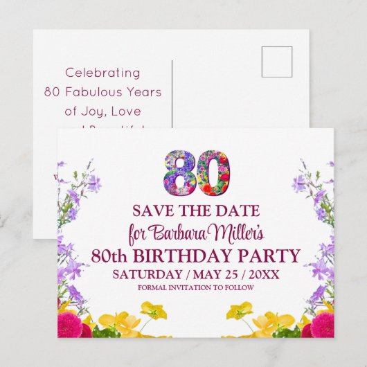 80e verjaardag Bloemen Modern 80 jaar feest Aankondigingskaart (Voorkant / Achterkant)