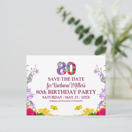 80e verjaardag Bloemen Modern 80 jaar feest Aankondigingskaart (Staand voorkant)