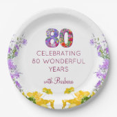 80e verjaardag Bloemen Modern 80 jaar feest elegan Papieren Bordje (Voorkant)