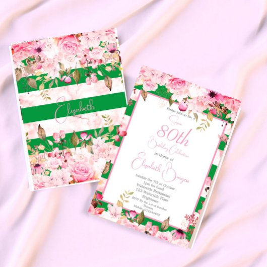 80e Verjaardag Bloemen Roos Groen Roze Streep Kaart