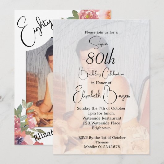 80e verjaardag bloemenfoto elegante verjaardag kaart (Voorkant / Achterkant)