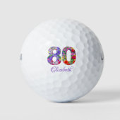 80e verjaardag bloemenkleurrijke naam golfballen (Voorkant)