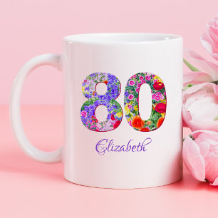 80e verjaardag bloemenkleurrijke naam mok