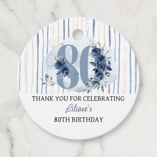 80e verjaardag Bloemennummer Kustblauwe Partij Bedankjes Labels (Voorkant)
